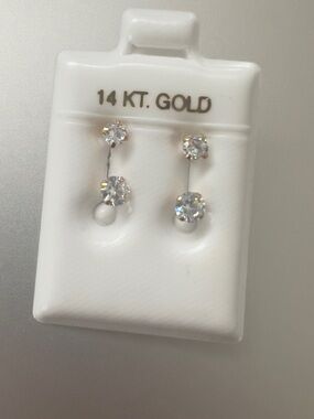 14K Gold Double Drop Cubic Zirconia Earrings - White/Silver